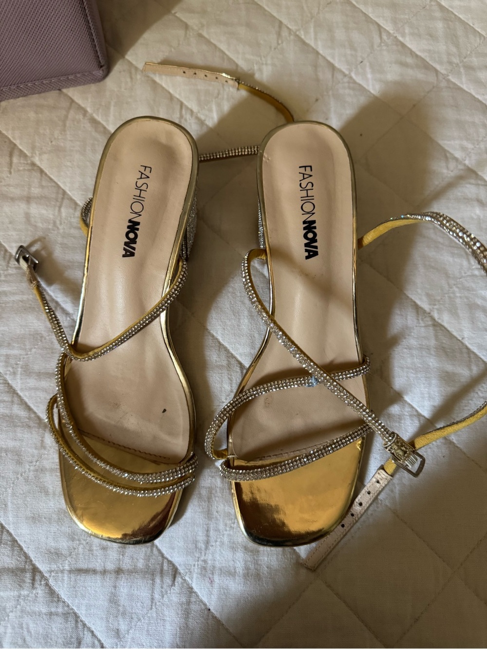 Fashion Nova Metallic Gold Crystal-Strap Heels